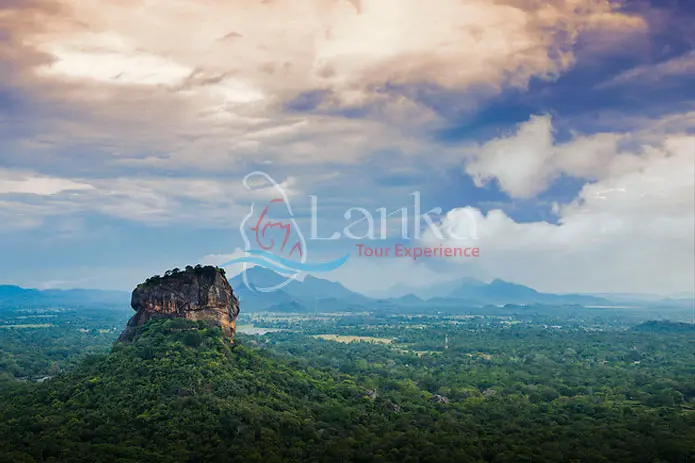 panorama Sunrise view to Sigiriya rock - Lion Rock - from Pidurangala Rock